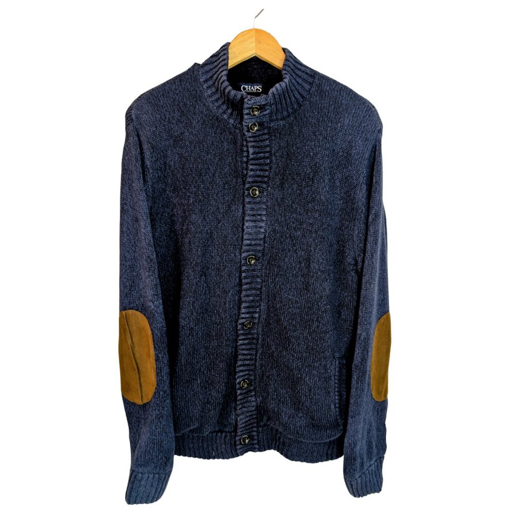 Chaps Navy Cotton Knit Sherpa-Lined Button Cardigan Grandpacore | Unisex XL